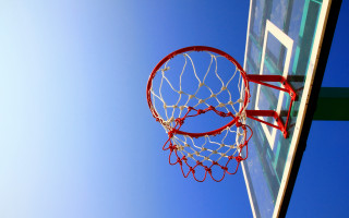 Basketball hoop blue sky green - deep 3 point perspective free wallpaper
