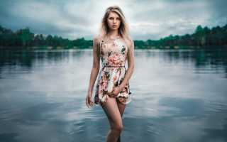 Woman water standing cloudy sky - her pocket free wallpaper for desktop