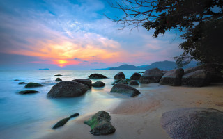 Beach rocks water sunset tree - rock and water free wallpaper