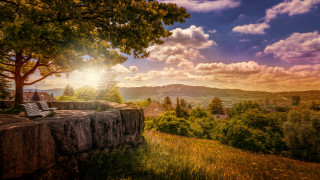 Cliff bench under tree clouds - a sun free wallpaper