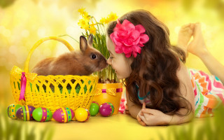Little girl kissing bunny basket - cheerful free wallpaper