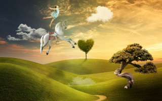 Horse woman flying sunset whimsical - pop surrealism free wallpaper