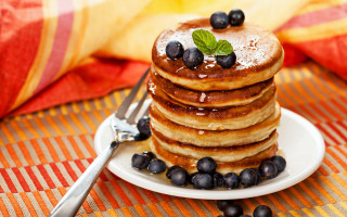 Pancakes blueberries syrup plate fork - food photography free wallpaper for desktop