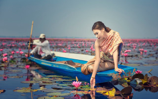 Woman boat lake pinkflowers impressionist - the water and a man free wallpaper