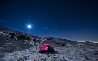 Snowy hill fullmoon starry sky - a tent free wallpaper