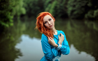 Red haired woman river blue - red hair free wallpaper