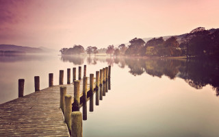 Lake dock trees sunset cityscape - lake free wallpaper