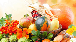 Basket fruit vegetables flowers leaves - fall vibrancy free wallpaper for desktop