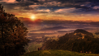 Sunset valley mountains trees hill - the sunset free wallpaper