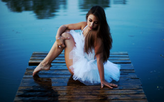 Woman white dress dock lake - lake free wallpaper