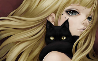 Blonde woman black cat gothic - long blonde hair holding free wallpaper
