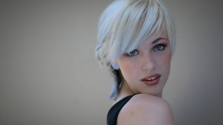 Blonde woman blue eyes black 9 - white hair free wallpaper for desktop