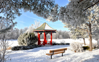 Snowy bench under tree gazebo - free winter wallpaper