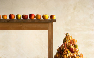 Wooden table fruit apples still - a wooden shelf free wallpaper