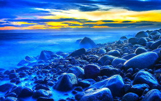 Rocky beach sunset blue sky - bascove free wallpaper for desktop