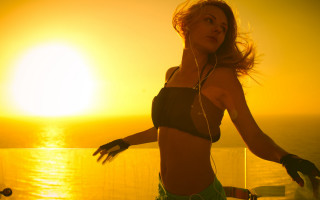 Woman bikini headphones sunset deck - a deck free wallpaper for desktop