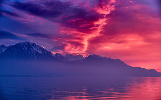 Boat mountain sunset pink blue - sunrise time free wallpaper for desktop