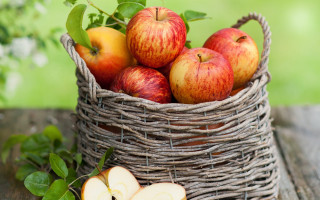 Basket apples leafy branch green - a table next free wallpaper