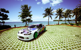 Colorful car ocean palm trees - bascove free wallpaper