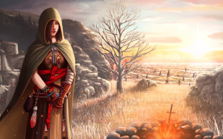 Medieval woman fantasy sunset cross - anato finnstark free wallpaper