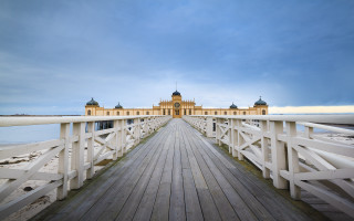 Wooden bridge building water sky - symmetric free wallpaper