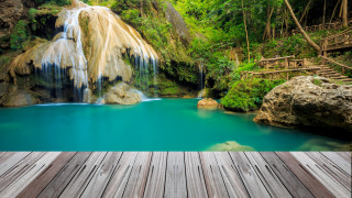 Wooden deck waterfall blue pool - a waterfall in the middle free wallpaper