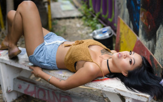 Woman bench highheels crossed posing - a short skirt free wallpaper