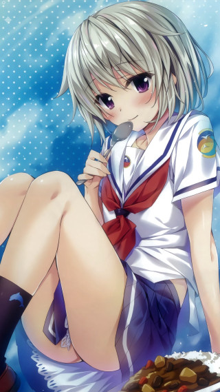 Girl uniform sitting table spoon - a table free wallpaper for mobile