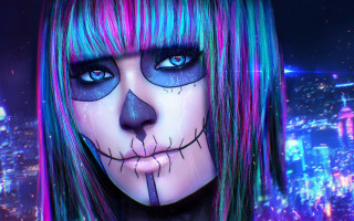 Girl blue pink hair skull - free neon wallpaper for desktop