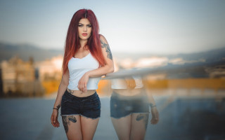 Red hair tattoos beach portrait 2 - a tattoo free wallpaper for desktop