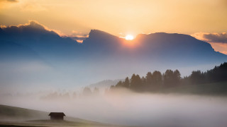 House field foggy sky mountain - sunrise free wallpaper for desktop