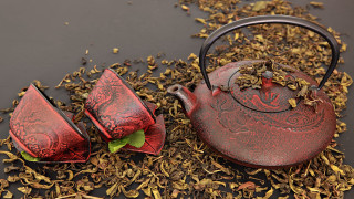 Teapot cups leaves teabag cloisonnism - free hearts wallpaper
