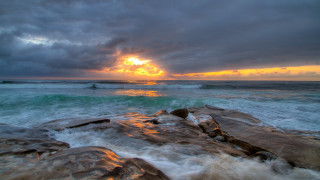 Sunset ocean waves rocks beach 2 - rock free wallpaper