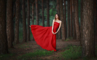 Woman red dress forest wind - her dress free wallpaper