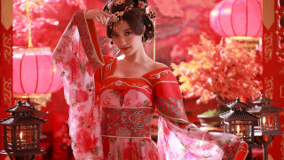 Red lantern cherry blossoms kimono - chen jiru free wallpaper for desktop