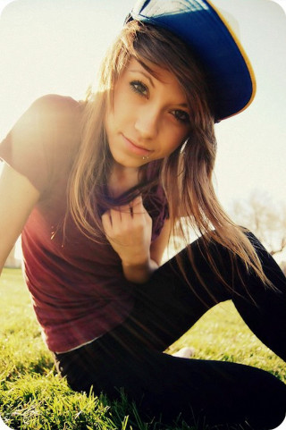 Woman sitting grass red shirt - hat free wallpaper for mobile