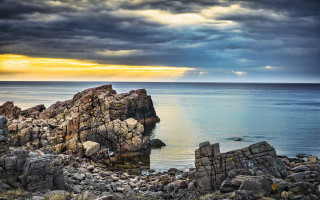 Rocky shore lake sunset bridge - a rocky shore free wallpaper