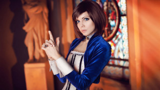 Blue jacket woman stained glass - a stained glass window free wallpaper