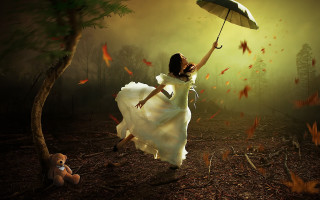 Woman white dress umbrella teddy - nearby free wallpaper