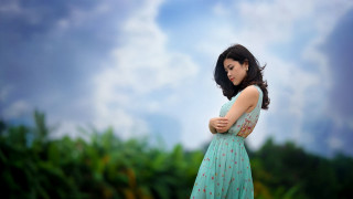 Woman blue dress clouds green - chen lin free wallpaper for desktop