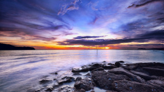 Sunset water rocks sailboat city - rock free wallpaper for desktop