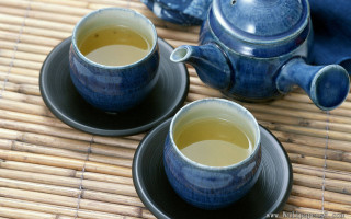 Tea cups teapot bamboo mat - a table next free wallpaper
