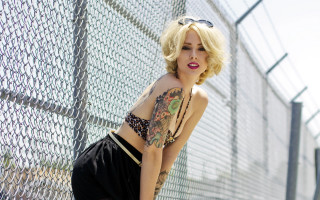 Fence tattoo blonde city fishnets - her arm and leg free wallpaper