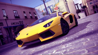 Yellow sports car street building 6 - the street in front free wallpaper