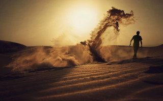 Desert man sunset mountain ocean - dust free wallpaper