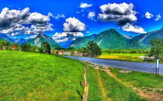 Scenic road mountains blue sky 3 - scenic free wallpaper for desktop
