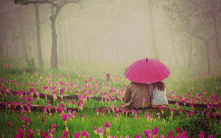 Couple umbrella flower rain romantic - their head free wallpaper for desktop