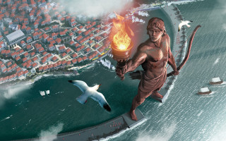 Fire man city bird water - giantess art free wallpaper