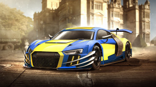 Blue yellow sports car castle - a clock tower in the background free wallpaper