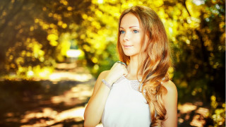 Red haired woman forest autumn - long red hair free wallpaper